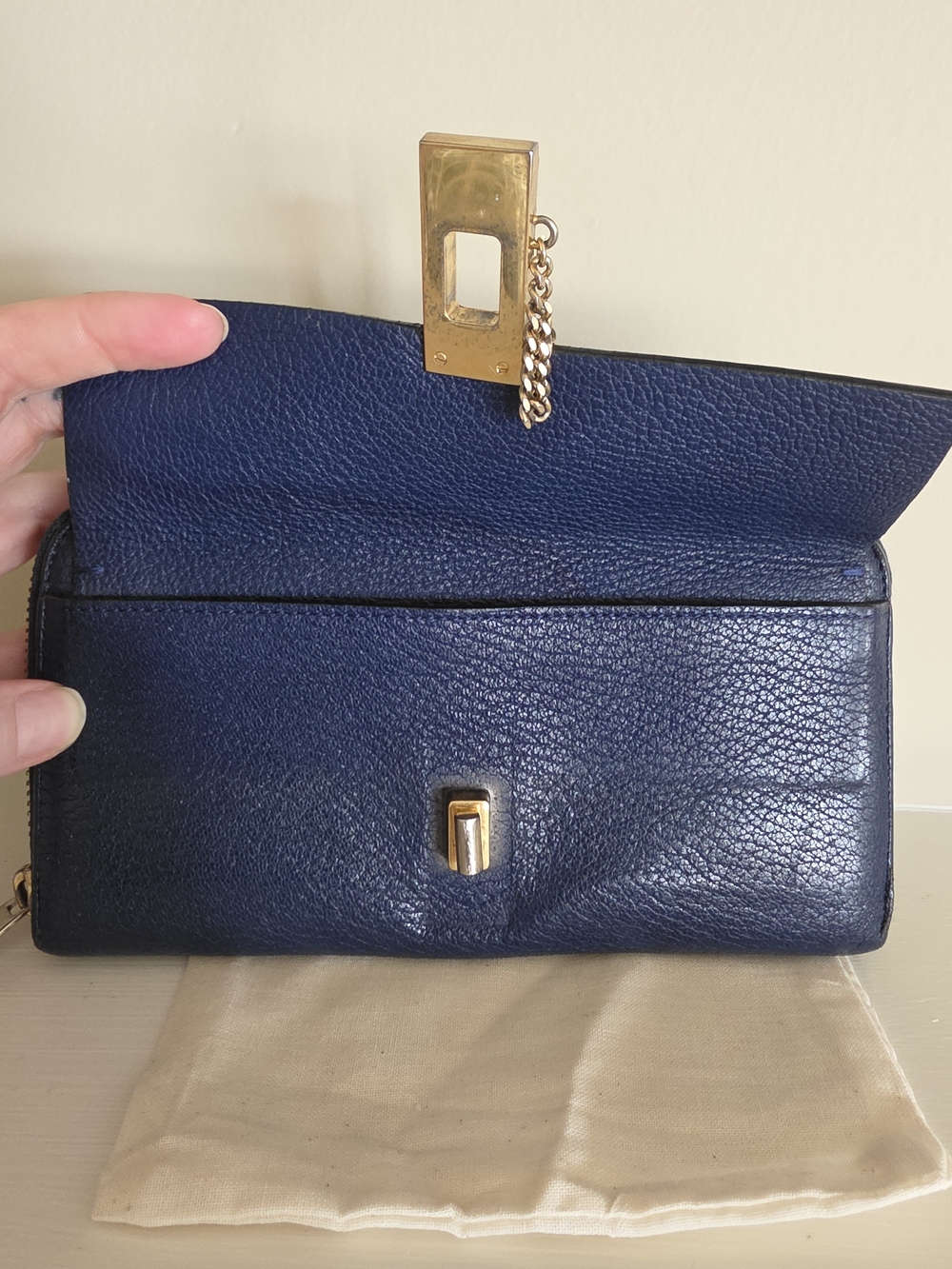 Chloe Navy Leather Zip Wallet with Gold Hardware And Chain Detail - Picture 6 of 14